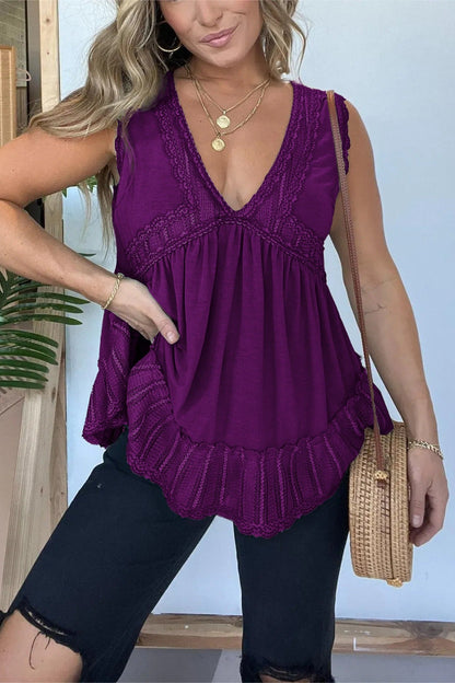 V-NECKLINE SLEEVELESS FLOW TOP WITH LACE TRIM (BUY 2 FREE SHIPPING)