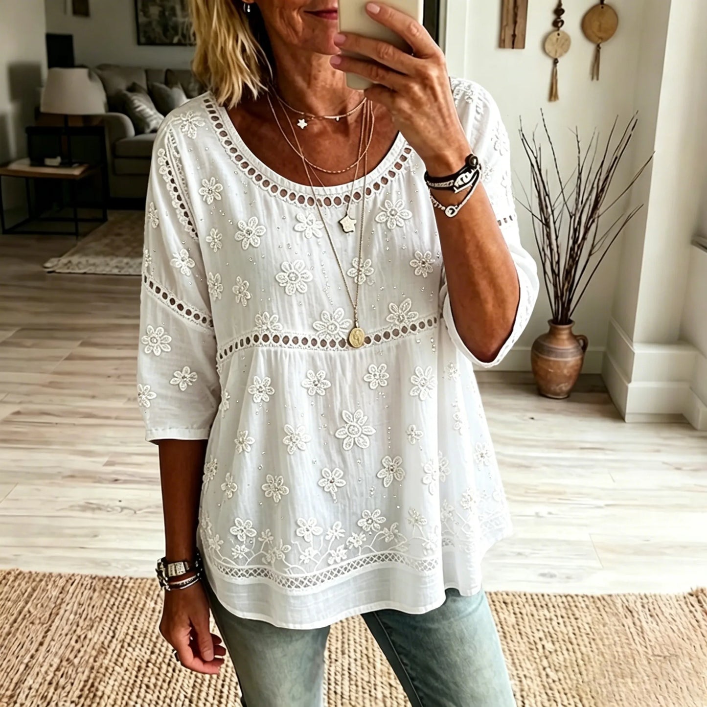 womens rose art linen blend 3/4 round neck tops