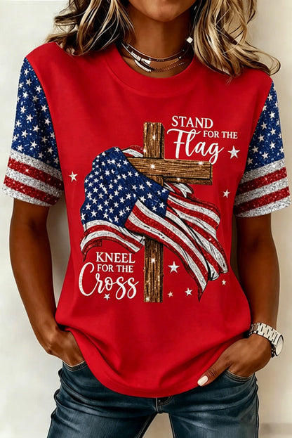 Women's Independence Day Faith Flag Print Crew Neck Short Sleeve T-shirt