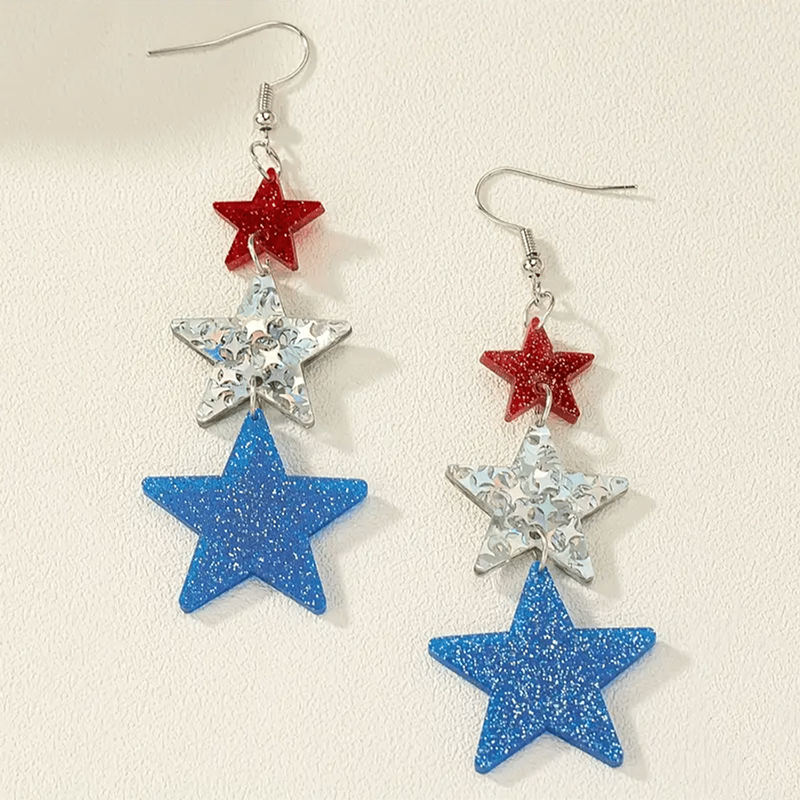 art Independence Day Five-pointed Star Three-color Stitching Glitter Simple Earrings