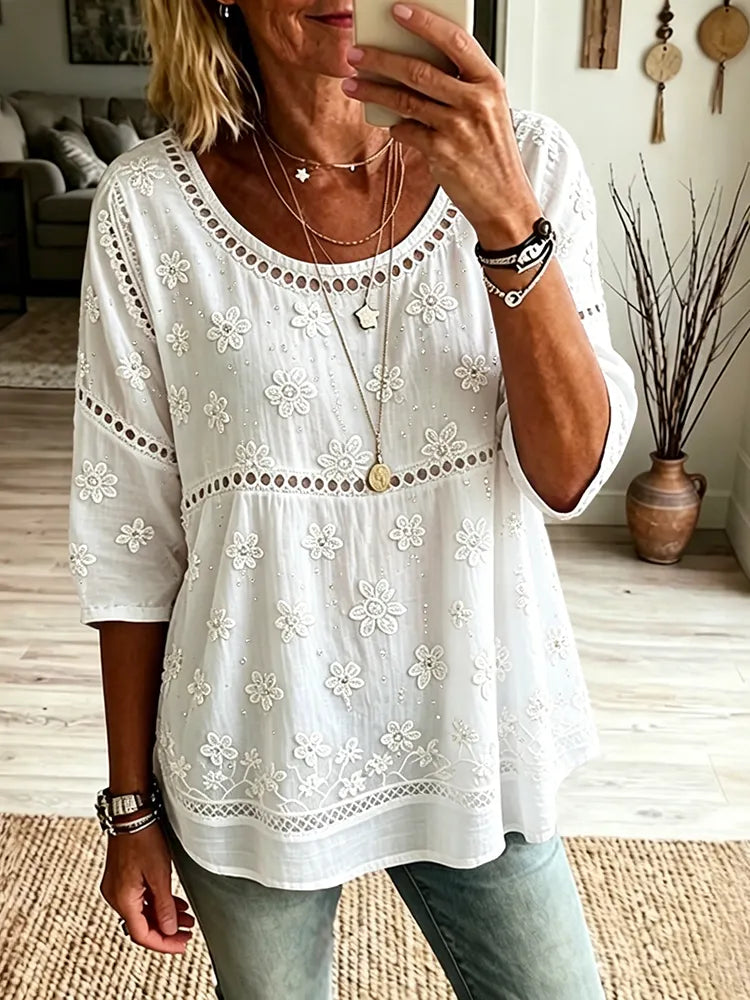 womens rose art linen blend 3/4 round neck tops