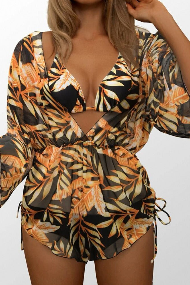 GEOMETRIC PRINT HALTER BIKINI SWIMSUIT & COVER UP 3 PIECE SET