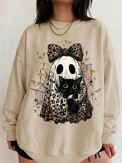Vintage Halloween Leopard Bow Ghost Black‑Cat Sweatshirt