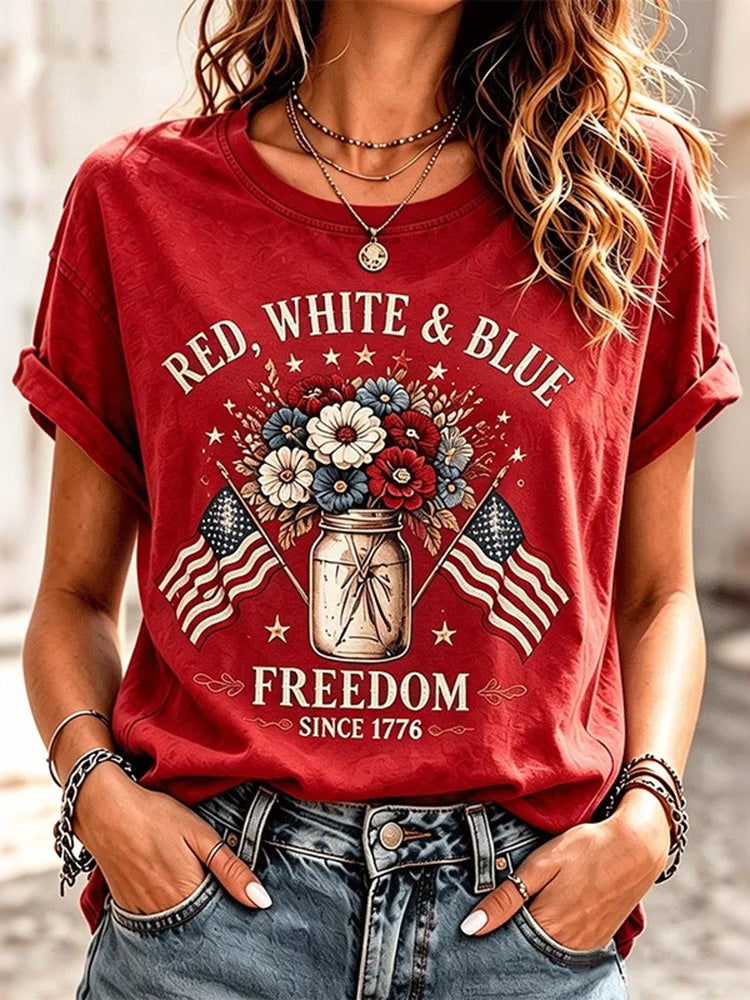 Women's Vintage Independence Day Print Crew Neck Short Sleeve T-shirt