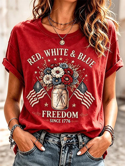 Women's Vintage Independence Day Print Crew Neck Short Sleeve T-shirt