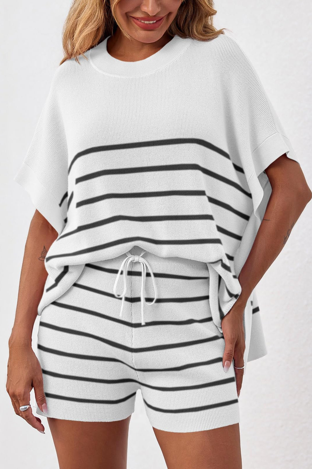 Women's Striped 2 Piece Outfits Oversized Batwing