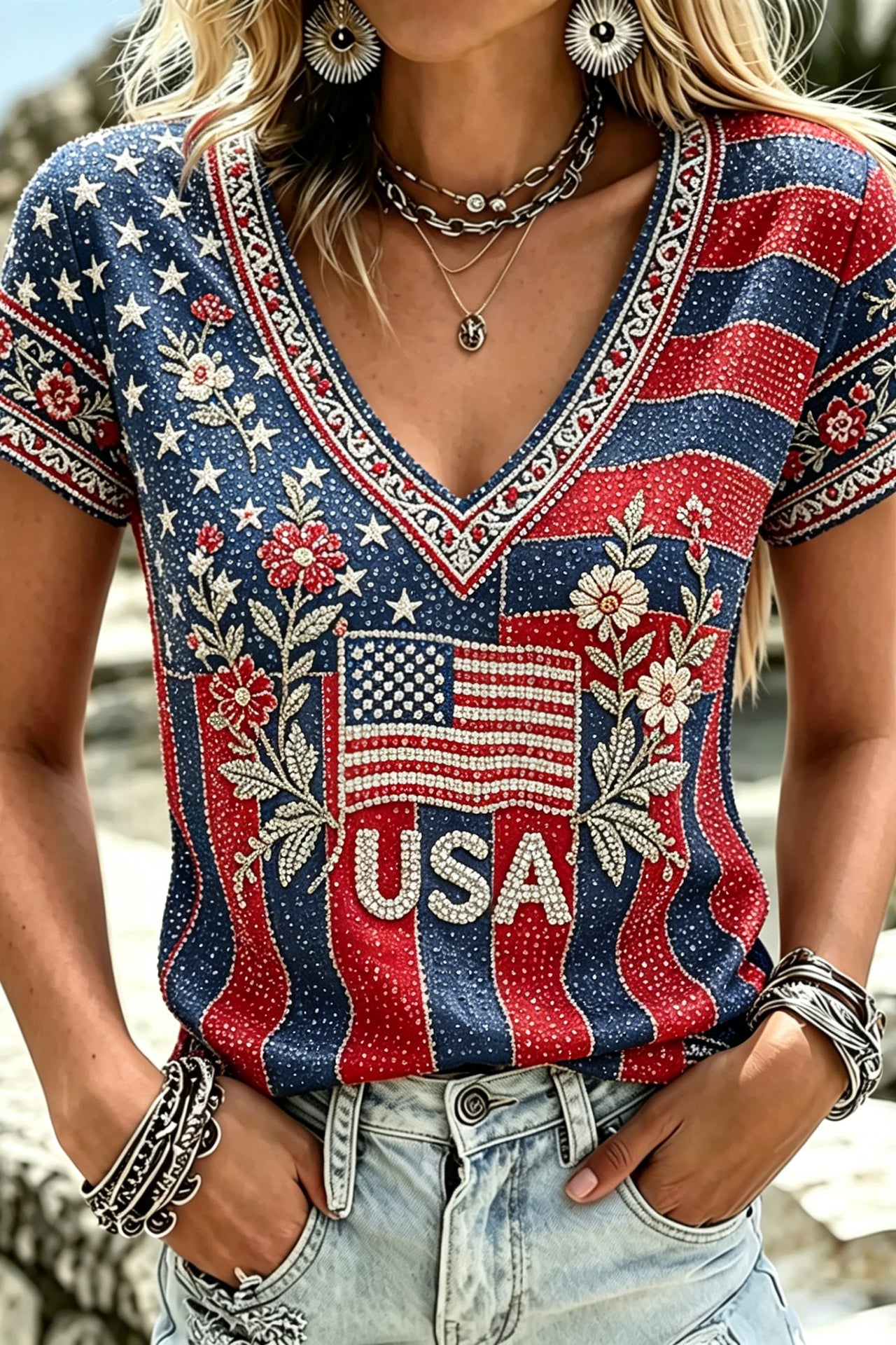 Women's America Hot Drill Floral Art Print Casual T-shirt