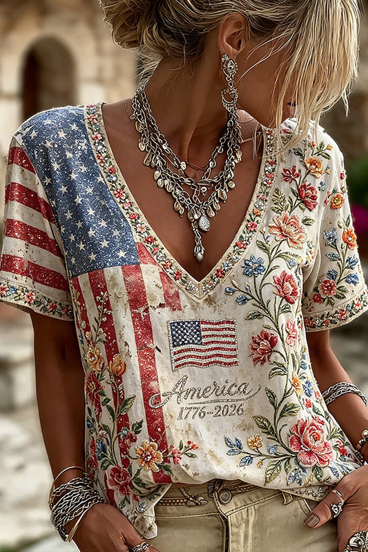 Vintage American Flag And Floral Embroidery Art Casual Washed V-neck Short Sleeve Top