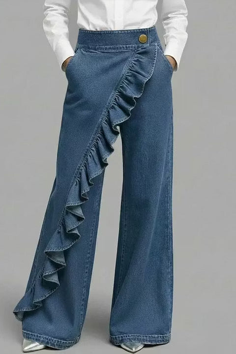 Women's Denim Asymmetric Ruffle Trim High Waist Pocket Wide Leg Jeans