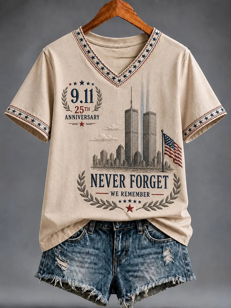 🇺🇸9.11 Never Forget 25th Anniversary V‑Neck Short Sleeve Tee