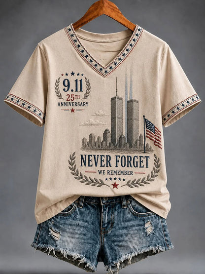 🇺🇸9.11 Never Forget 25th Anniversary V‑Neck Short Sleeve Tee