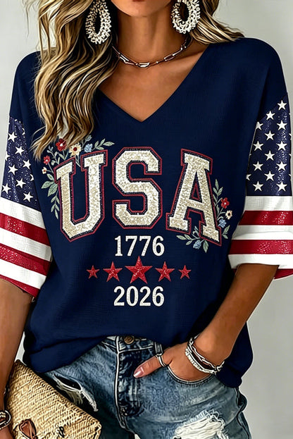 Women's Independence Day Art Three-quarter Sleeve V Neck Linen Tops