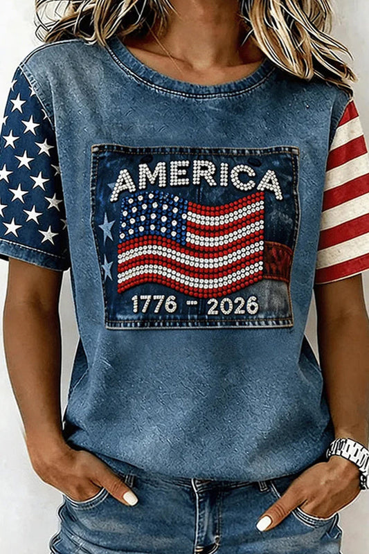 Women's Retro Independence Day Flag Printed T-shirt