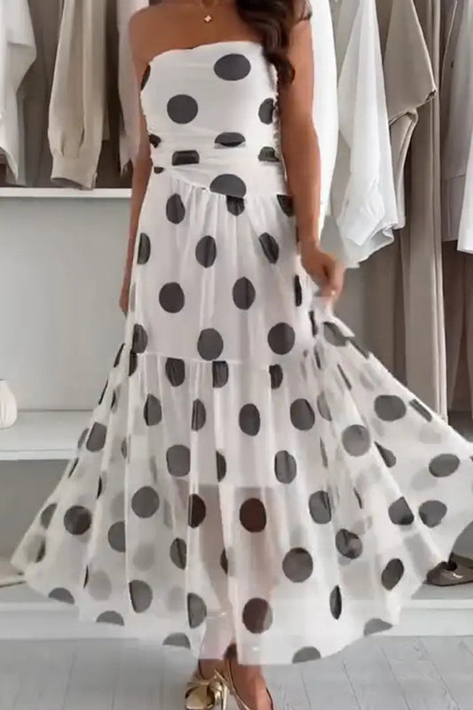 Effortless Elegance – Polka Dot Strapless Maxi Dress