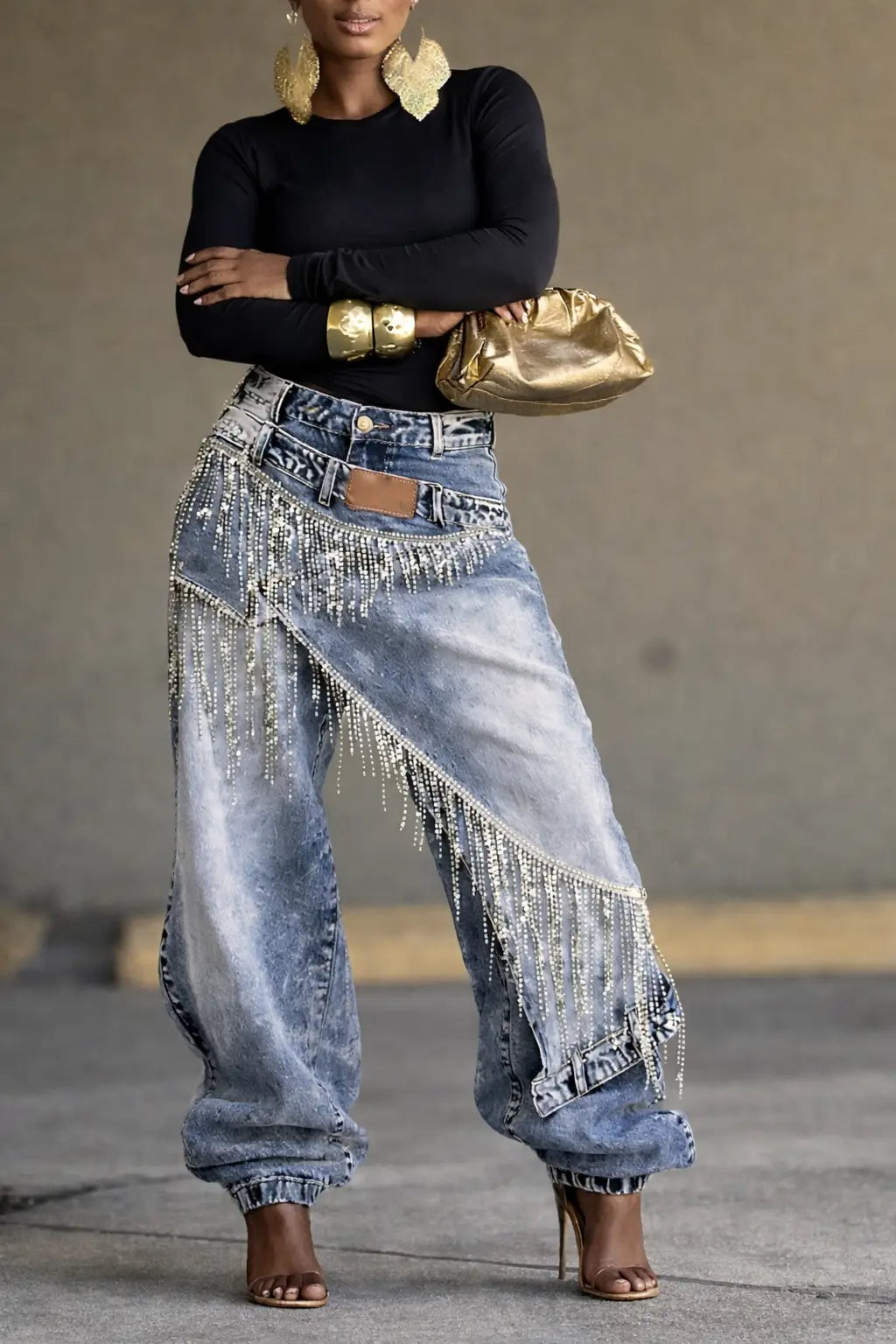 Rhinestone Tassel Faux Two-piece Jeans