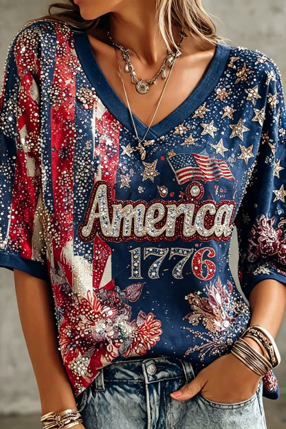 Women's Retro American Flag And Floral Print V-neck T-shirt