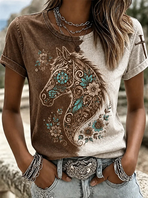 Women'S Clothing Belief Western Ethnic Elements Horse Art Print Casual T-Shirt