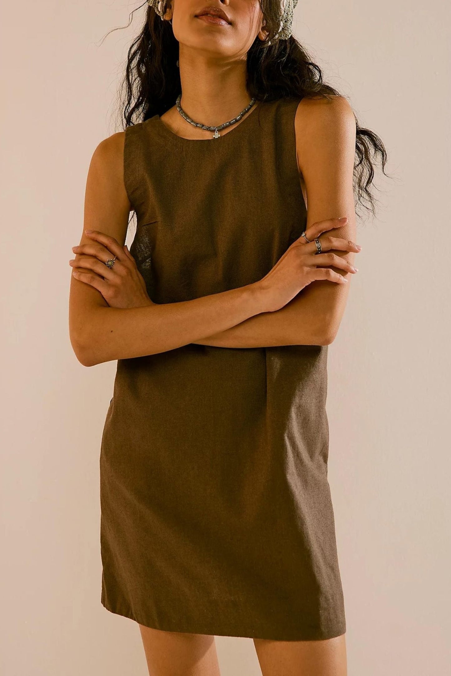 Hollow Back Cotton-Linen Mini Dress