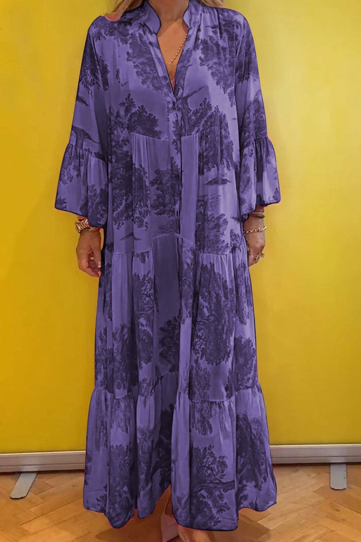 V-neck Bell Sleeve Printed Casual Dress