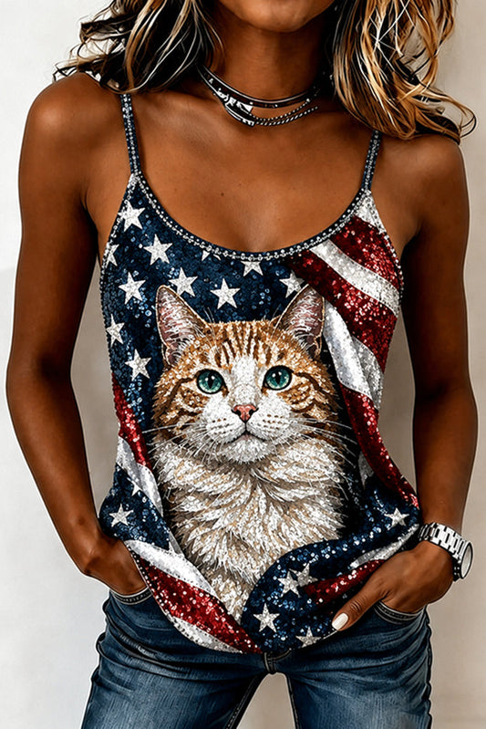 Women's Independence Day Cute Cat With Sequin Flag Pattern Tank Tops