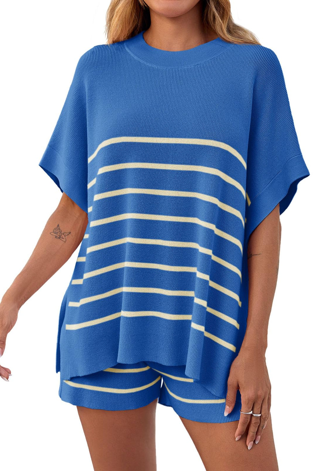 Women's Striped 2 Piece Outfits Oversized Batwing