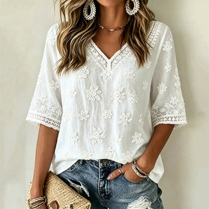Women's White Rose Art Linen Blend Three Quarter Sleeves T-shirt