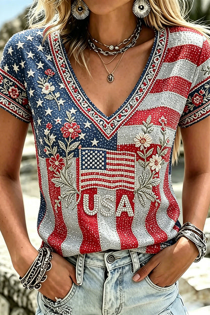 Women's America Hot Drill Floral Art Print Casual T-shirt
