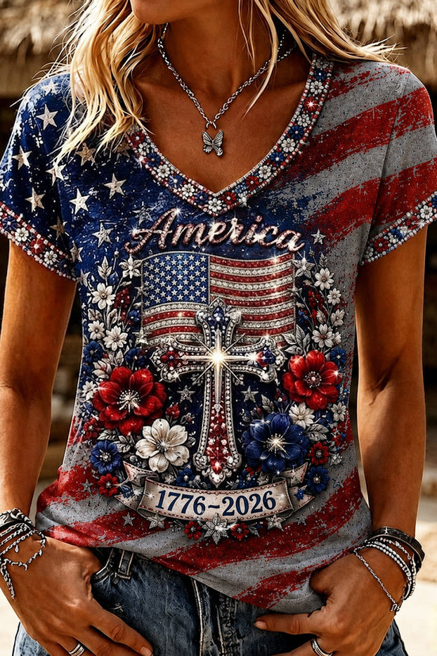 Women's Vintage Independence Day Flag Flower Art V-neck Short Sleeve Casual T-shirt