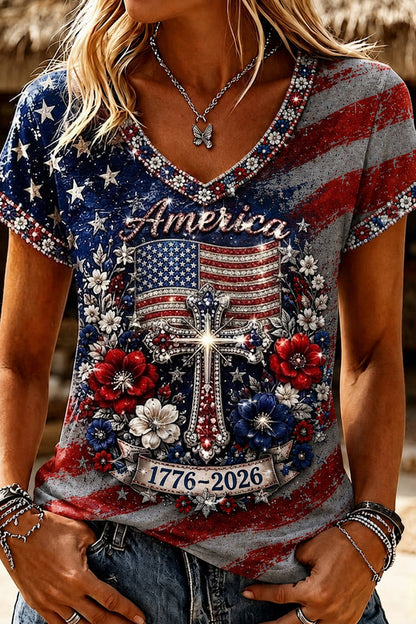 Women's Vintage Independence Day Flag Flower Art V-neck Short Sleeve Casual T-shirt