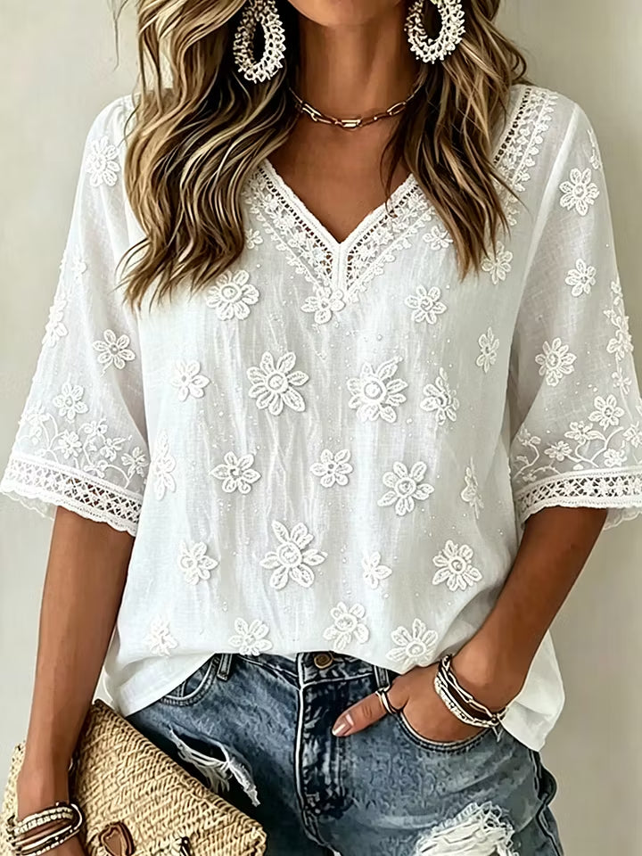 Women's White Rose Art Linen Blend Three Quarter Sleeves T-shirt