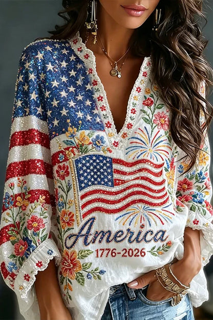Women's American Anniversary Flag And Floral Art Patchwork Cotton Linen V-neck Long Sleeve Top