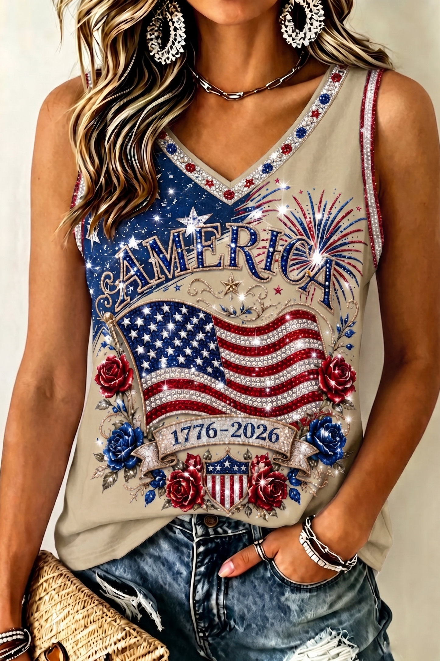 Women's Retro Independence Day Anniversary Art Print V-neck Tank Top
