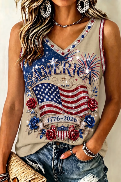 Women's Retro Independence Day Anniversary Art Print V-neck Tank Top