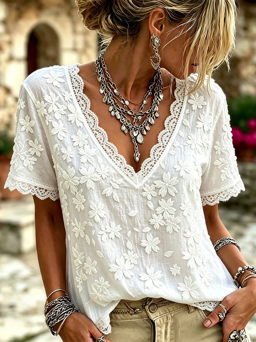 Women's Retro Bohemian Style Floral Embroidery Print Lace V-neck Short-sleeve Top