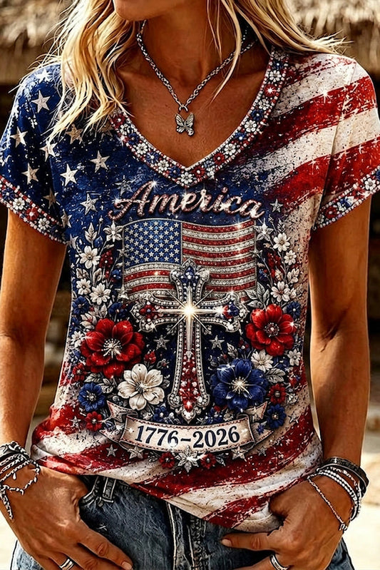 Women's Vintage Independence Day Flag Flower Art V-neck Short Sleeve Casual T-shirt
