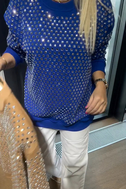 Women's Crew Neck Rhinestone Casual Sweatshirt