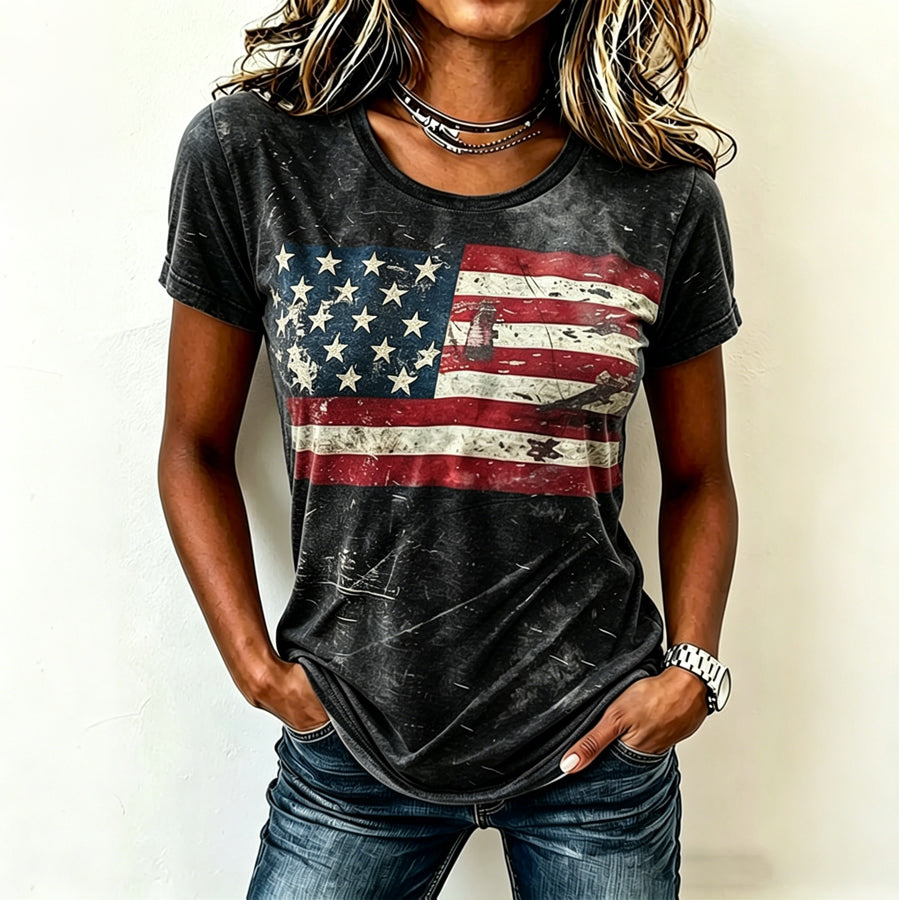 Women's Vintage Independence Day Flag Print Casual T-shirt