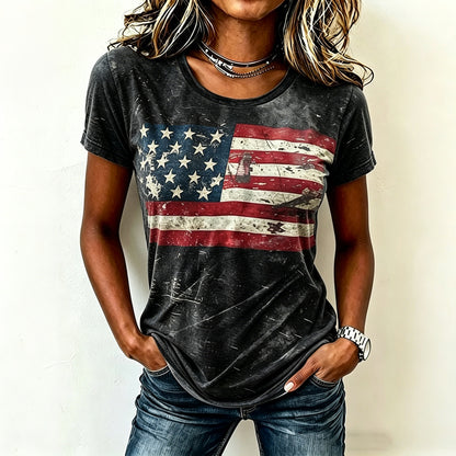 Women's Vintage Independence Day Flag Print Casual T-shirt