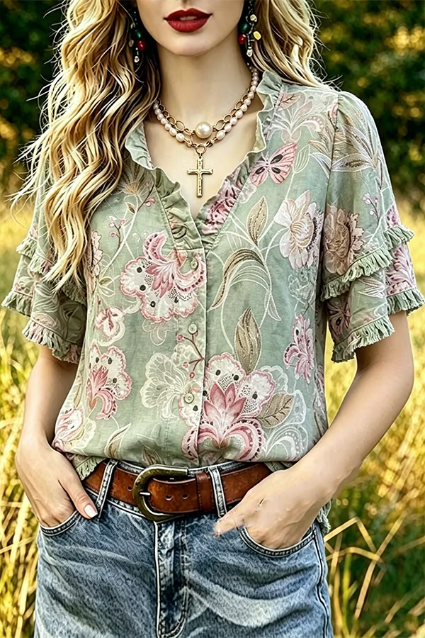 Vintage Floral Print Ruffle Neck Frayed Hem Top