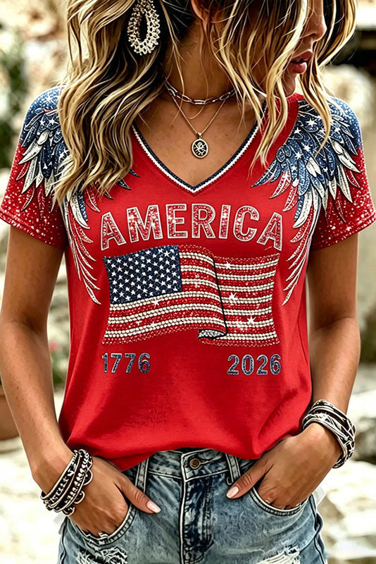 Women's Anniversary Independence Day Wings Flag Art Print V Neck T-shirt
