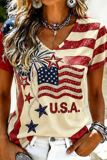 Women's Independence Day Anniversary Contrasting Colors Casual T-shirt