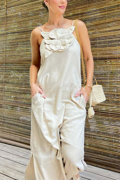 Linen Blend Floral Embellishment Pocketed Slit Maxi Dress