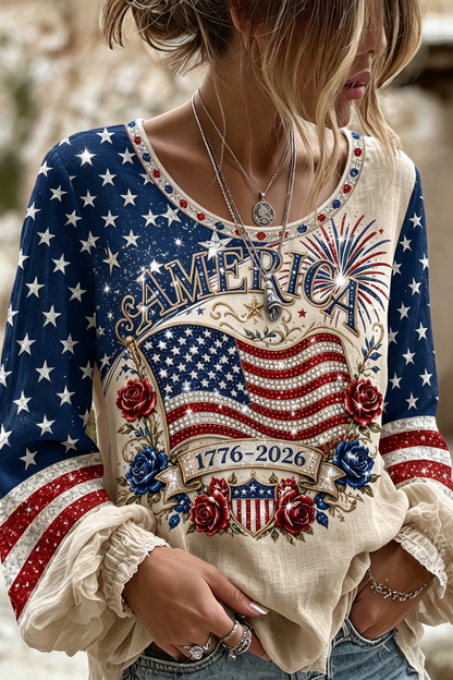 Women's Retro Independence Day Anniversary Print Art T-shirt