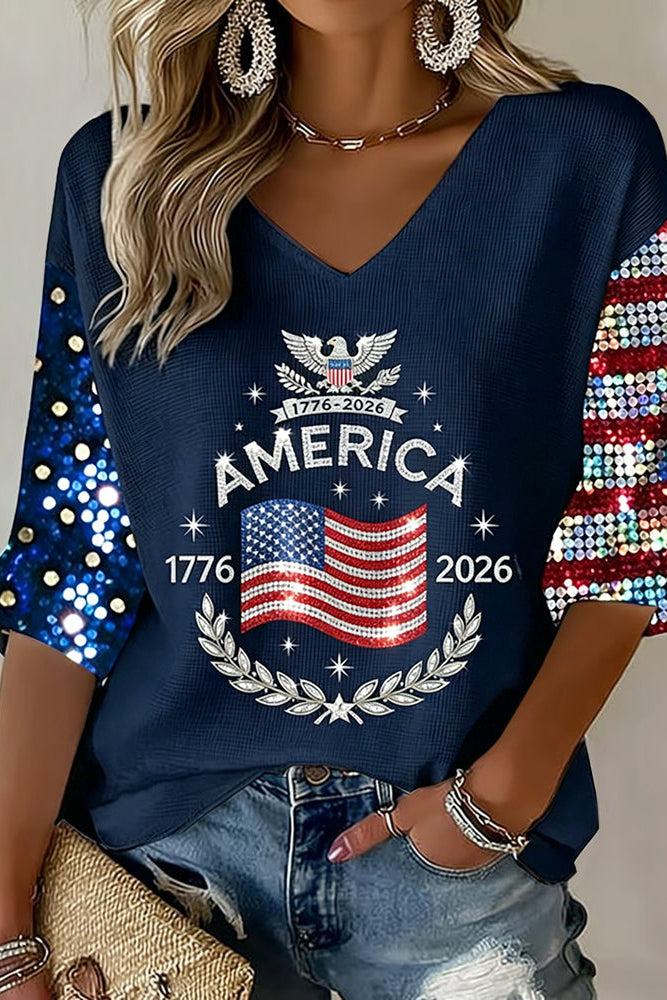 Women's Flag Art Three-quarter Sleeve V Neck Linen Tops