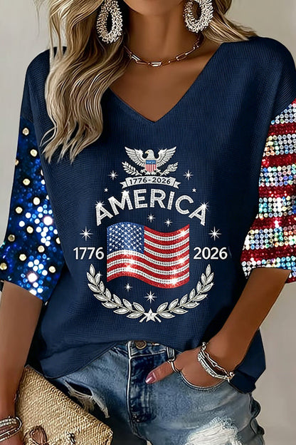 Women's Flag Art Three-quarter Sleeve V Neck Linen Tops
