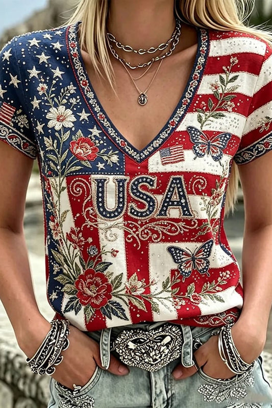 Women's Vintage Anniversary Flag Flower Art Print V Neck Linen Blend T-shirt