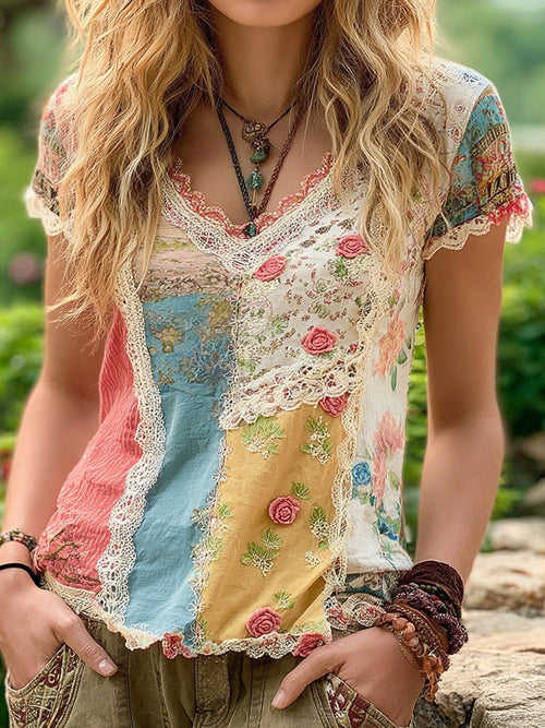 Women's Bohemian Floral Patchwork Casual V-neck T-shirt