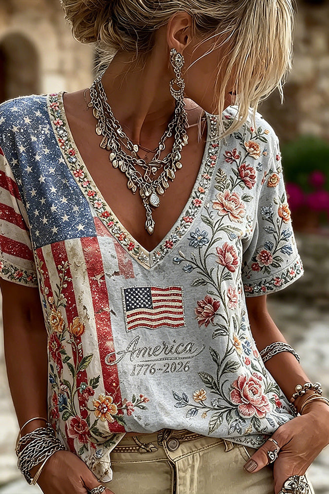 Vintage American Flag And Floral Embroidery Art Casual Washed V-neck Short Sleeve Top
