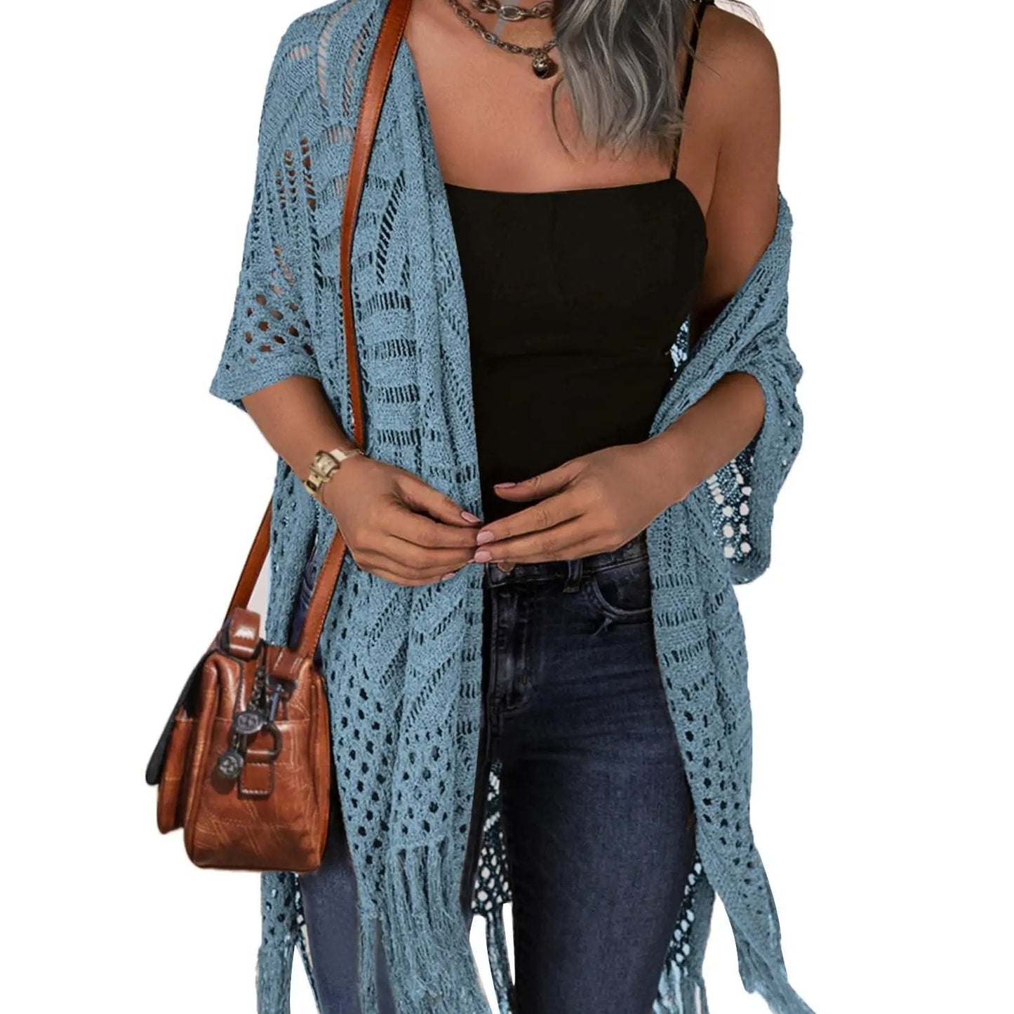 🔥Women’s Oversized Knit Cardigan – Lightweight Crochet Tassel Kimono for Spring & Summer 🌸