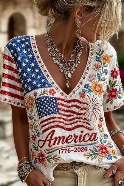 Women's American Anniversary Flag And Floral Art Patchwork Cotton Linen V-neck Top
